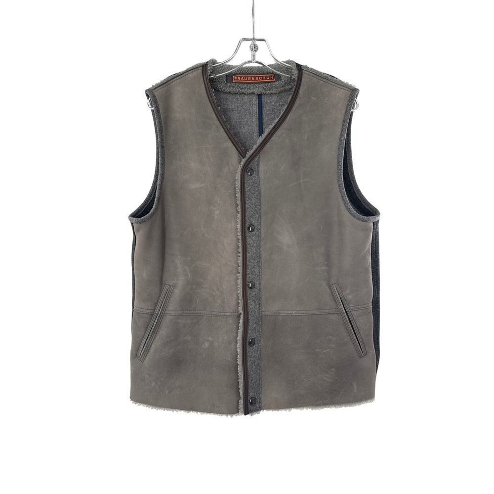 Frauenschuh Vest Mens Gray Leather Wool Shearling Lined Snap Front Gilet